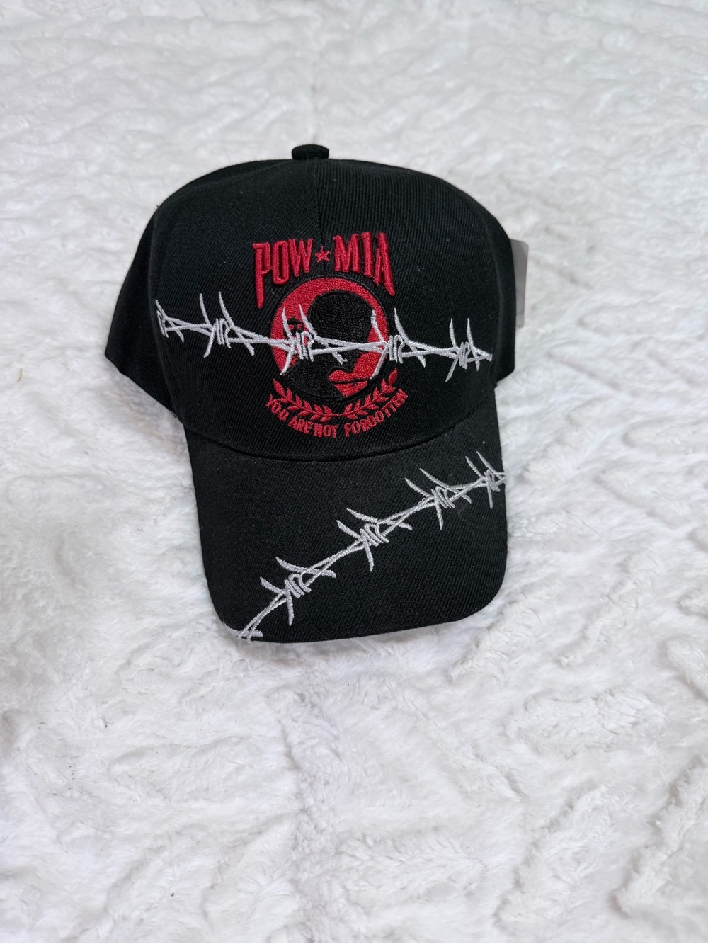 POW•MIA Black Baseball Cap with Red Logo and White Barbed Wire - NWT